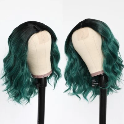 Perucas sintéticas onduladas curtas para mulheres verde ombre resistente ao calor peruca de festa em camadas - Imagem 1 de 4