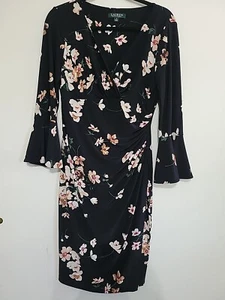 LAUREN RALPH LAUREN $149 Slinky Stretch Floral Bell Sleeve Shirred Dress 10 - Picture 1 of 9