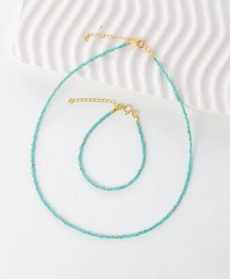 2-3MM Aquamarine Faceted Round Gemstone Bracelet & Necklace Combo Set For Woman - Image 1 of 4