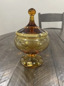Pee Dee MCM Empoli Apothecary Lid Art Glass Dish Italy Honey Amber Sticker - Picture 1 of 8