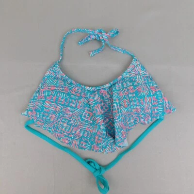 Top de bikini halter con volante estampado Xhilaration rosa-turquesa, pequeño #943 Foto 1 de 4