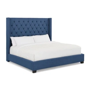 Elegant Upholstery Queen Size Bed Blue linen Fabric - Picture 1 of 3