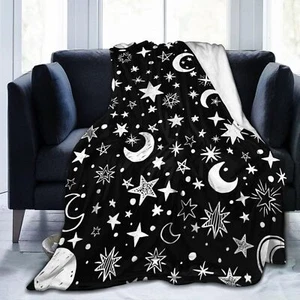 Star Moon Black and White Blanket Soft Blankets Flannel Bed Throw Cozy Lightw... - Picture 1 of 9