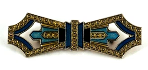 Brooch Art Deco Style Green and Blue Bow Shaped Pewter Colored Vintage - Picture 1 of 5