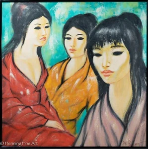 Beautiful Mid Century Oil Painting of Three Asian Beauties Signed De Bellmont - Picture 1 of 9