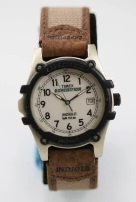 Timex Orologio Uomo Argento Plastica Marrone Beige Nylon Pelle 50m Luce Data - Immagine 1 di 4