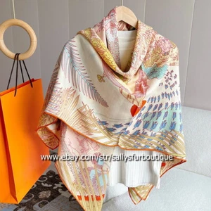 Sally Cashmere & Silk Wrap Scarf Animals Print Double Face Shawl Hand Rolled 53" - Picture 1 of 37