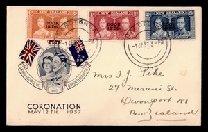 DR WHO 1937 NEW ZEALAND COOK ISLANDS FDC KGVI CORONATION COMBO OVPT w17447 - Picture 1 of 2
