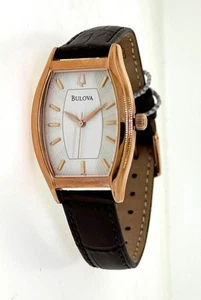 Bulova 97L114 Women's Tonneau Rose Gold White Dial Brown Genuine Leather Watch - Picture 1 of 2