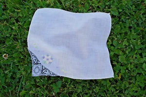 VTG Ladies Hanky Handkerchief White 8" Square Lightweight Cotton Embrd Corner - Picture 1 of 1