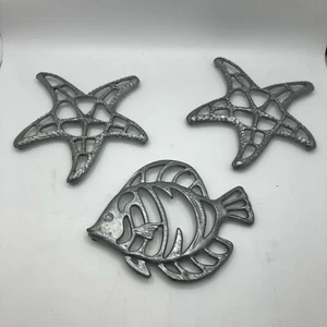 Set of 3 Pewter Starfish and Fish Trivets Hot Plates Beach Decor Nautical Decor - Picture 1 of 11