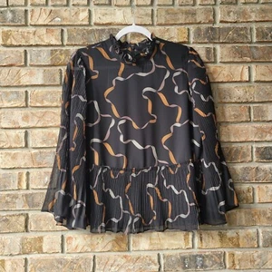 Ann Taylor Petite Large Ribbon Print Pleated Peplum Top Black Brown Blouse NEW - Picture 1 of 4