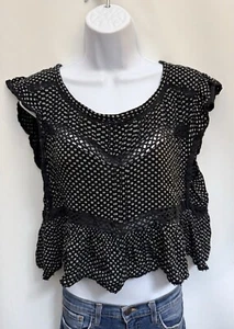 FREE PEOPLE Blouse Sz L Retro Kitty Crochet Broderie Top Eyelet Ruffles Summer - Picture 1 of 13