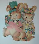 Vintage Easter Bunny Rabbit Couple Die Cut 16" Fancy Dress Top Hat & Bonnet