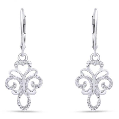 Pendientes de filigrana de diamantes de corte redondo de 1/8 quilate enchapados en oro blanco de 14 quilates en plata de ley Foto 1 de 4