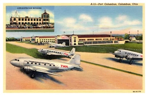 OHIO - PORT COLUMBUS AIRPORT - TWA AIRPLANES - VINTAGE LINEN POSTCARD - Picture 1 of 2