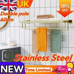 Bathroom Towel Rack Two Towel Bar Stainless Steel Wall Mounted Towel Shelf NEW - Picture 1 of 8