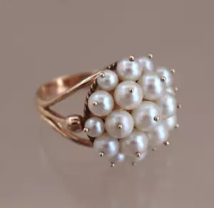 14k Pearl Cluster Cocktail Ring Estate Vintage Harem Size 7 9.7g Graduated Bead - Picture 1 of 20