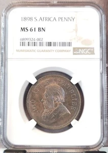 1898 SOUTH AFRICA 1 PENNY JOHANNES KRUGER NGC MS 61 BN GREAT LOOKING COIN - Picture 1 of 3