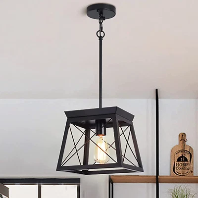 Farmhouse Pendant Light Metal Cage with Wooden Finish,1-Light Rustic Lantern Cha - Image 1 of 4