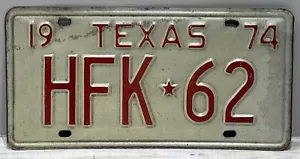 Vintage 1974 Texas License Plate Red White HFK-62 - Picture 1 of 3