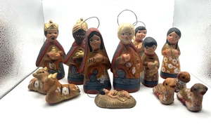 Vintage mexikanische 14-teiliges Krippenset Volkskunst handbemalt Tonkeramik Tonala Farben - Bild 1 von 11