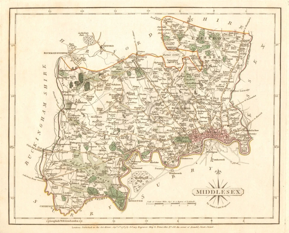 Antique county map of MIDDLESEX by JOHN CARY. Original outline colour 1787 - Image 1 of 1