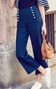 J.Crew Nautical Sailor Cropped Linen Pants Size 12 Navy Blue Wide Leg MINT COND - Picture 1 of 11