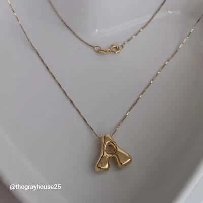 Collar Oro Amarillo 18K Letra Inicial A Colgante Burbuja Hinchada Cadena 16" Au750 Foto 1 de 4