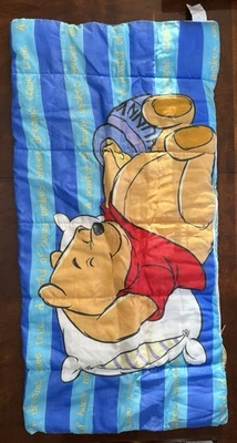 Vintage Disney Winnie The Pooh Bear Sleeping Bag Blue Stripes Hunny Pot - Image 1 of 4
