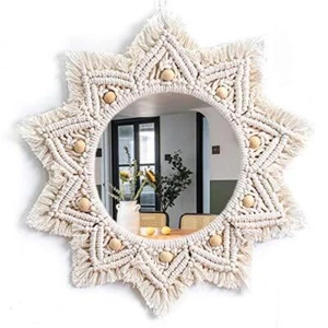 TENEWEE Boho Wall Decor Mirror Macrame Circle Hanging Mirror for Bedroom Living - Picture 1 of 7