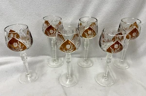 SET OF 6 CUT TO CLEAR AMBER CRYSTAL WINE GLASS FLOWER LEAVES 8 3/8" TALL CZECH ? - Picture 1 of 17