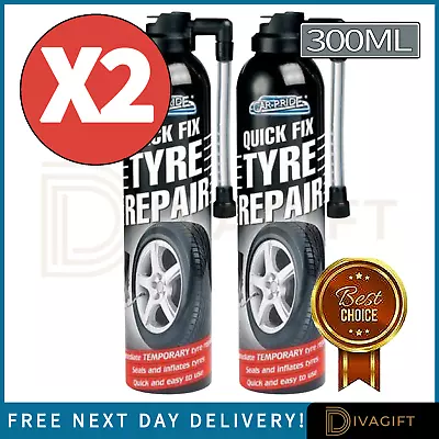 2 x QUICK FIX TYRE REPAIR KIT SPRAY 300ML CAR EMERGENCY FLAT INFLATE PUNCTURE - Image 1 of 4