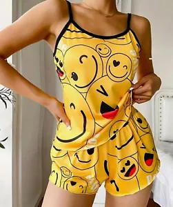 Cute womens 2 piece emoji pajama short set Size L - Picture 1 of 4