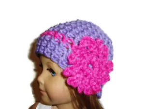Sombrero de ganchillo para muñecas American Girl 18" muñeca ropa púrpura con flor rosa caliente - Imagen 1 de 3