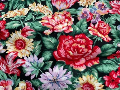 Remnant Fabric  Ro Gregg Northcott Perfect Flowers Black Pink Floral  VINTAGE - Image 1 of 3