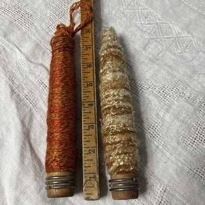 2 Vintage Industrial Wooden Sewing Spindles with Orange Yellow White - Image 1 of 4