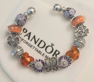 Pandora 6.9 Inch Bangle Bracelet With Charms Purple, Orange, Flower, Hearts - Picture 1 of 3