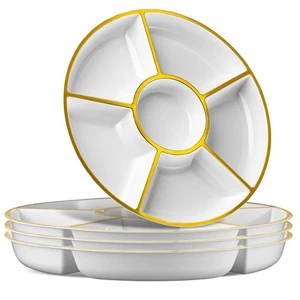 6-Section Round Plastic Serving Tray 2 Pack White and Gold Appetizer Platter - Picture 1 of 7