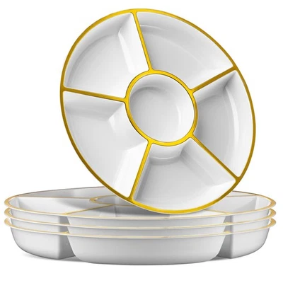 6-Section Round Plastic Serving Tray 2 Pack White and Gold Appetizer Platter - Image 1 of 4