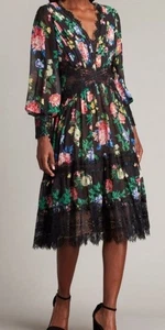 Nuevo con etiquetas Vestido Midi Tadashi Shoji Calvy Negro Floral Encaje Manga 14 Bishop Longitud Té - Imagen 1 de 18