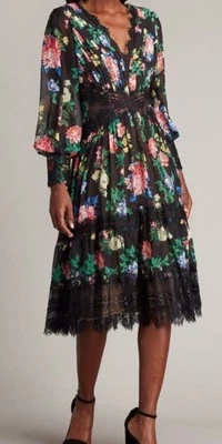NWT Tadashi Shoji Calvy Black Floral Lace Midi Dress 14 Bishop Sleeve Tea Length - Image 1 of 4