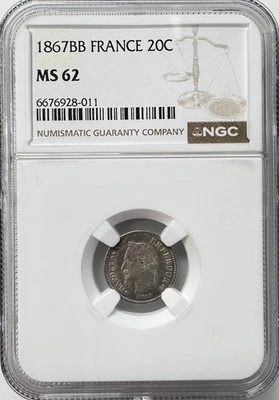 1867-BB France Silver 20 Centimes NGC MS 62  KM# 808 SILVER - Image 1 of 4