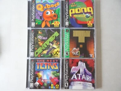 LOT OF 6 + ATARI GAMES PONG TETRIS Centipede Q*BERT PS1 PLAYSTATION 1 CIB TESTED - Image 1 of 4