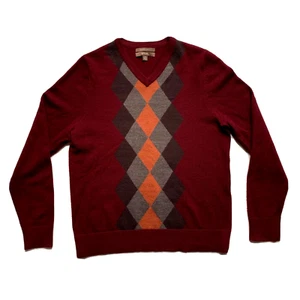 Merona Sweater Mens Medium Red Merino Wool Argyle Pullover Holiday Christmas - Picture 1 of 12