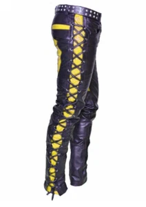 Men's Real Leather Bikers Pants Side And Front Laces Up Contrast Leather Pants - Picture 1 of 4