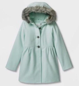 Girls' Faux Wool Fur Trim Hooded Overcoat Jacket Cat & Jack Mint Green XXL - Picture 1 of 6