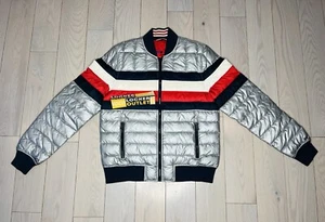 TOMMY HILFIGER SILVER ALUMINIZED PUFFER JACKET STRIPED SIZE Small Used - Picture 1 of 9