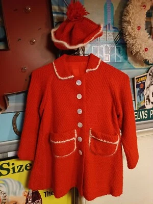 Vintage Mid-century 50s 60s Girls Handmade Knit Lined Red Jacket & Hat/Tam Set - Image 1 of 4