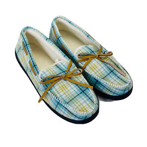 Women’s Vegan Suede Moccasin Slippers House Shoes 8M Turquoise Plaid Non-skid